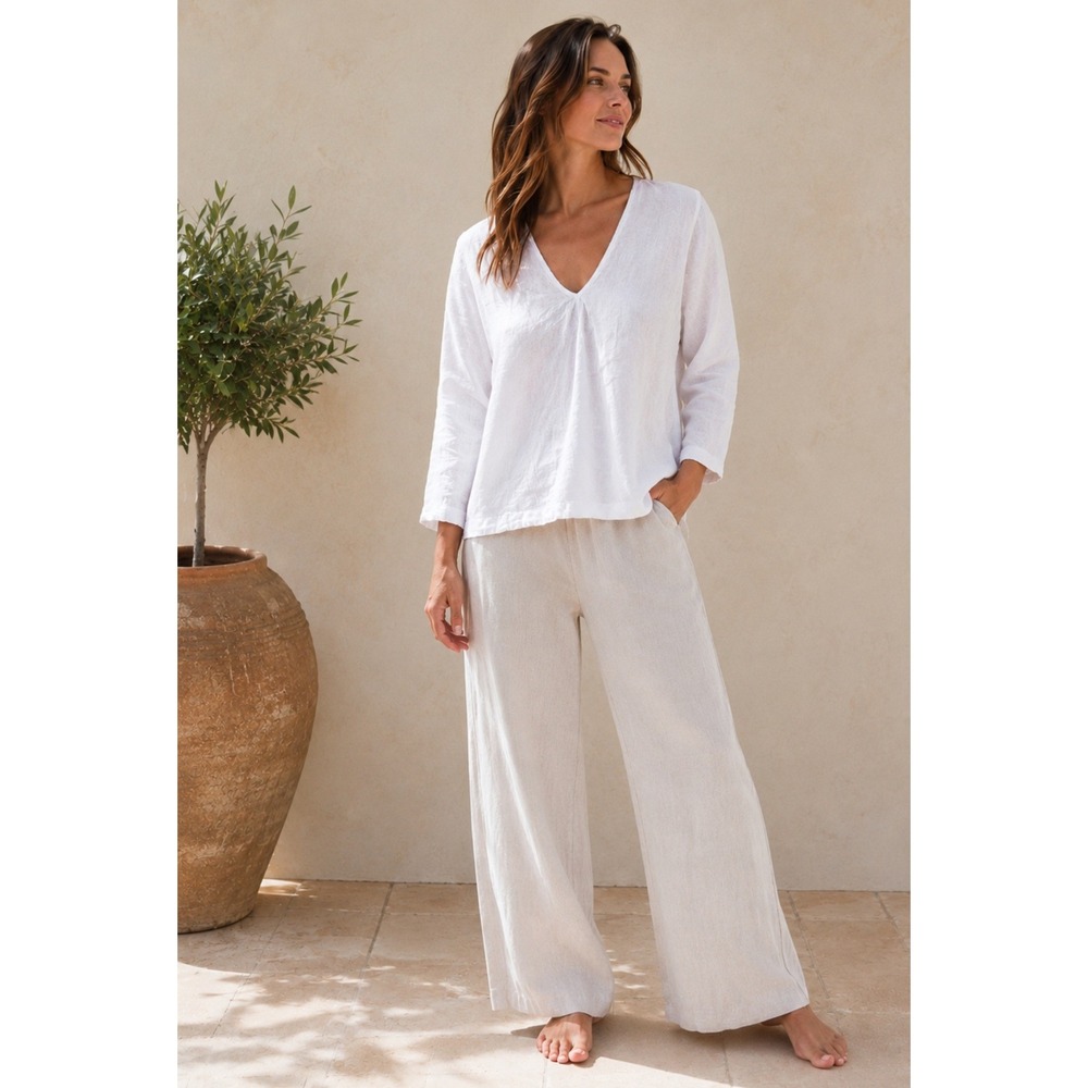 CP Shades White Linen V-Neck‎ Tunic Blouse Long Sleeve Relaxed Fit Top XS